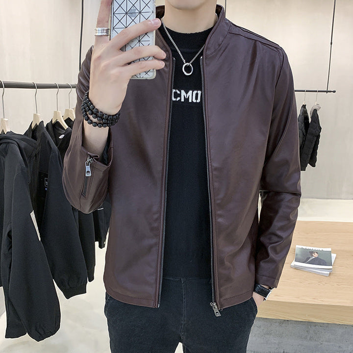Herr Slim-Fit Konstläder Flight Jacka med Minimalistisk Ståkrage och Dold Zip Knapplist