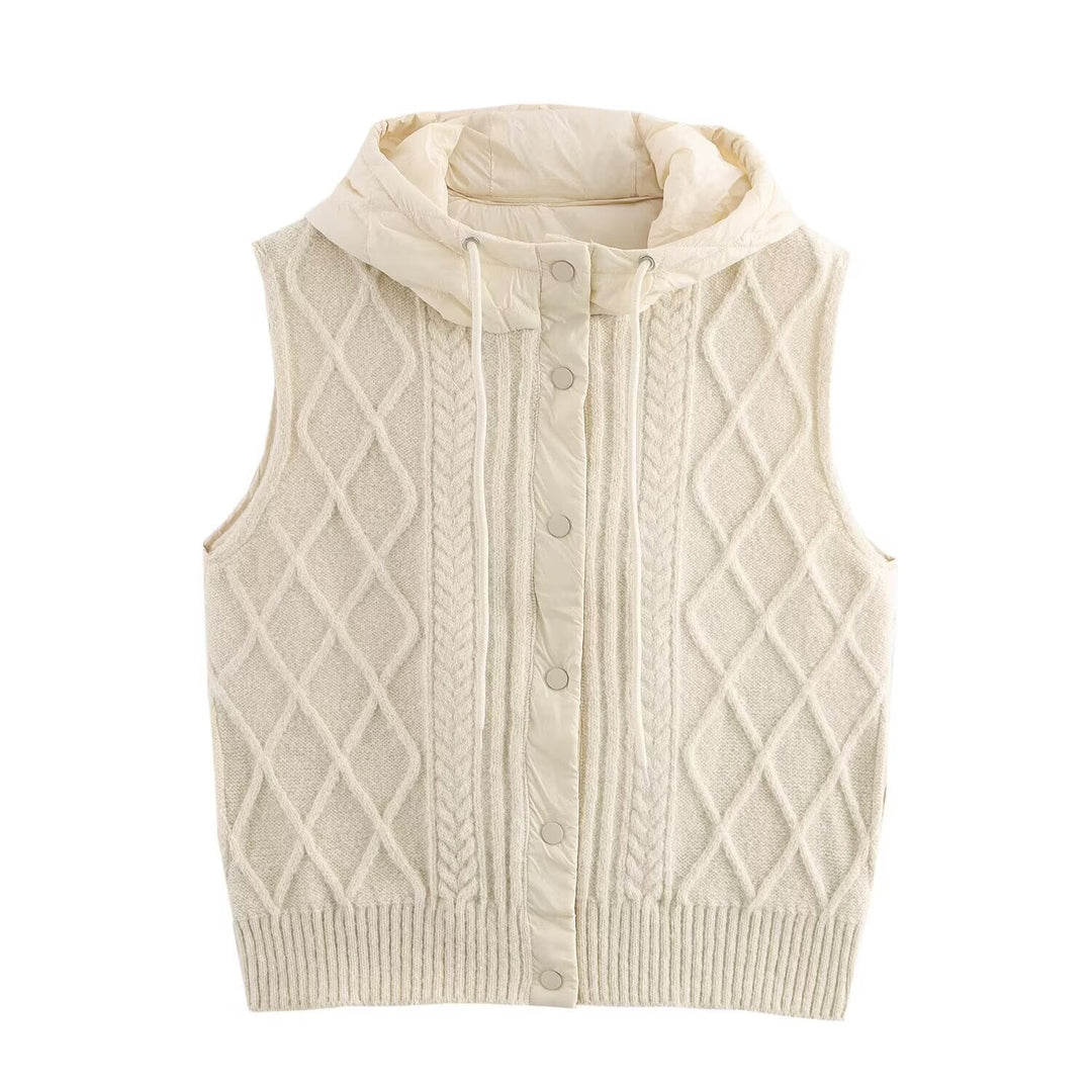 Dam Sleeveless Stickad Väst med Quiltad Huva och Tryckknapp Knapp Knäppning