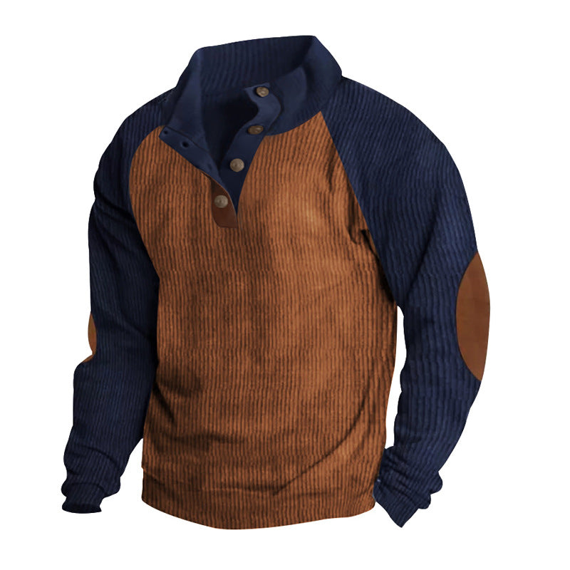 Herr Termisk Cord Pullover med Knapplist, Ståkrage, Raglanärmar, och Elbow Lappar