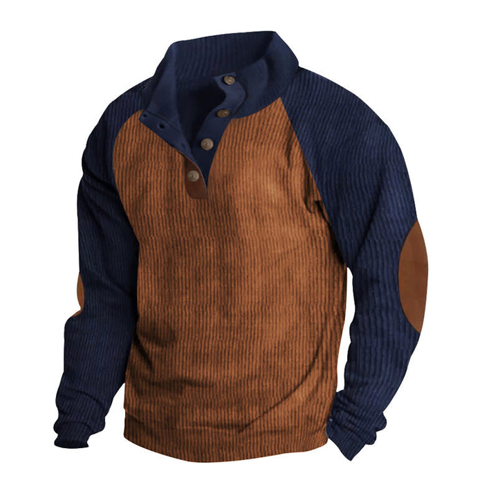 Herr Termisk Cord Pullover med Knapplist, Ståkrage, Raglanärmar, och Elbow Lappar