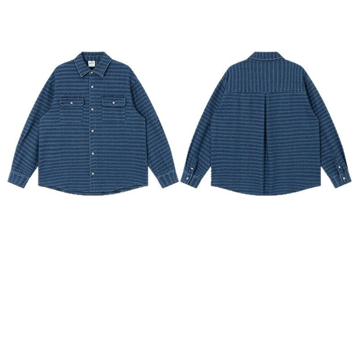 Unisex Strukturerad Bomull Overshirt Jacka med Zigzag Jacquard och Lapp Bröst Fickor