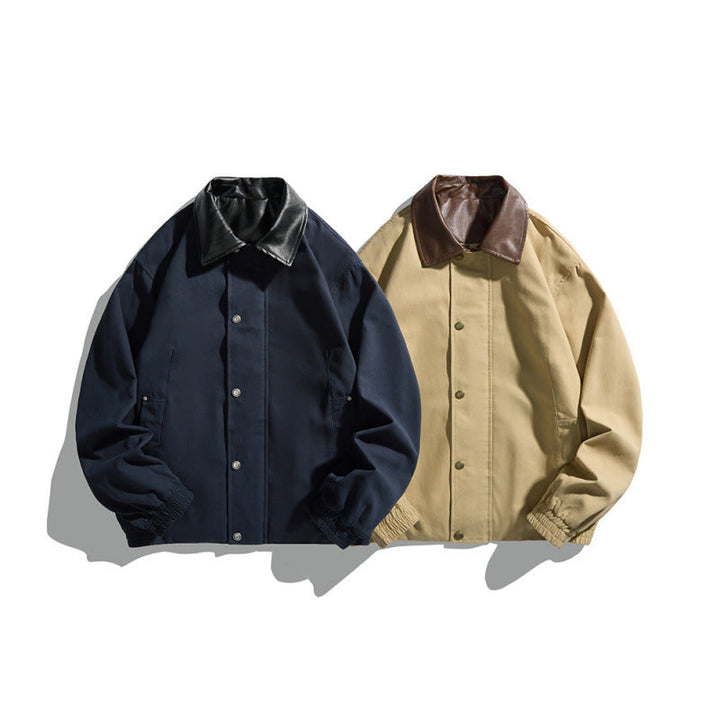 Herr short-cut blouson jacka med fuskläder krage, tryckknapp knäppslå, och elastiska muddar