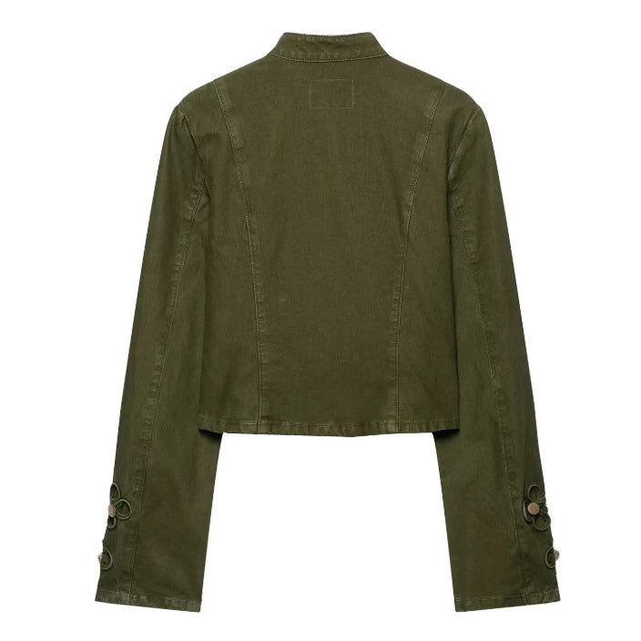 Dam Tailored Kort Military Jacka med Dekorativ Knapp Knäppning och Stå Krage