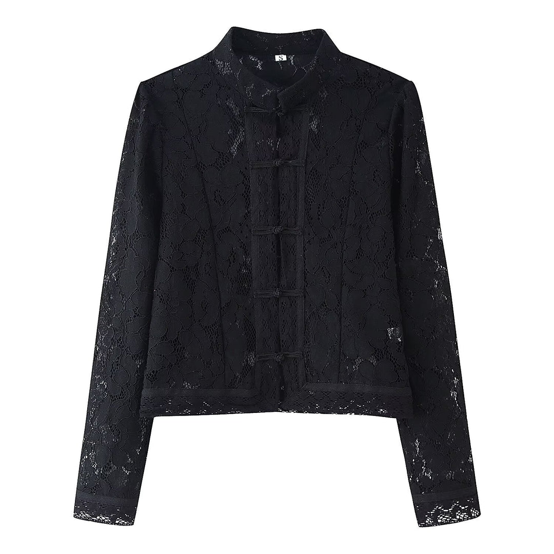 Dam Lace jacka med Stand krage, Chinese Knot och Transparent blommig design