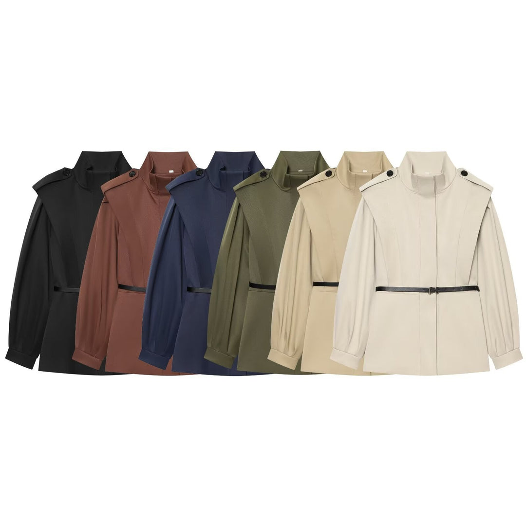 Dam Cape-Like Kappa Jacka med Standing Krage, Shoulder Flaps och Belted Waist