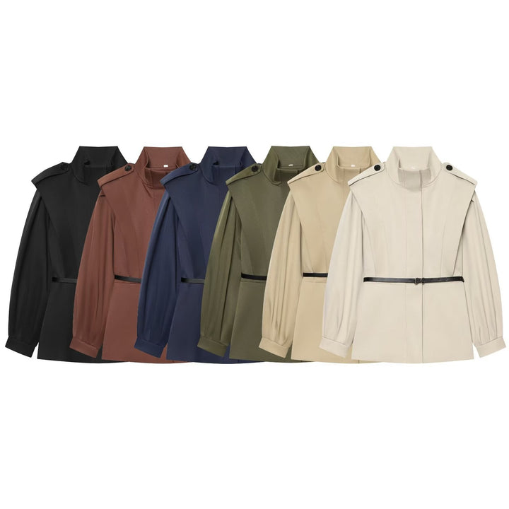 Dam Cape-Like Kappa Jacka med Standing Krage, Shoulder Flaps och Belted Waist