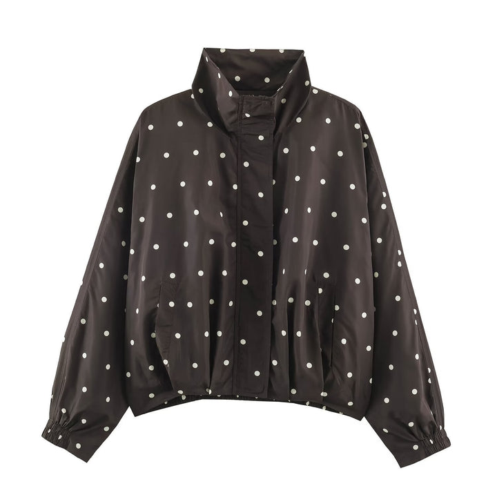 Dam Oversized Vindjacka med Dot Tryck, Hög Ståkrage och Elastic Fåll