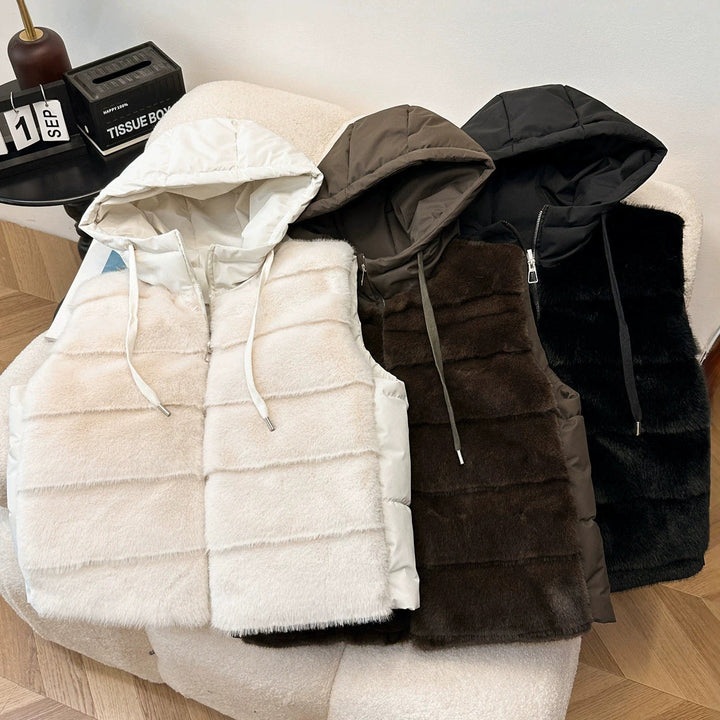 Dam Reversible plysch och quiltad väst med huva och Two-Way dragkedja
