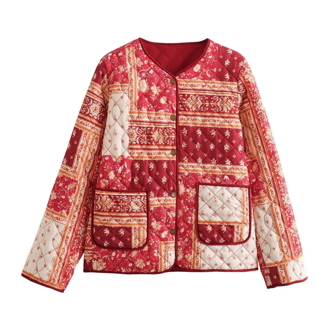 Dam kviltad jacka in patchwork bandana design med round neck och utanpåfickor