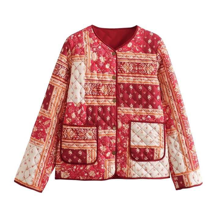 Dam kviltad jacka in patchwork bandana design med round neck och utanpåfickor