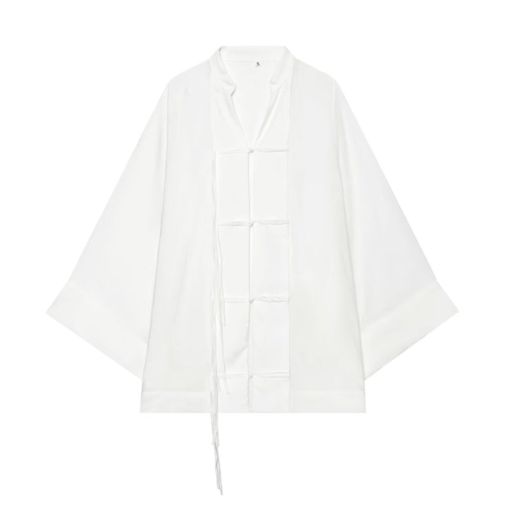 Dam Oversize Kimono Jacka med Dekorativ Knot och Lång Fringed Ribbons