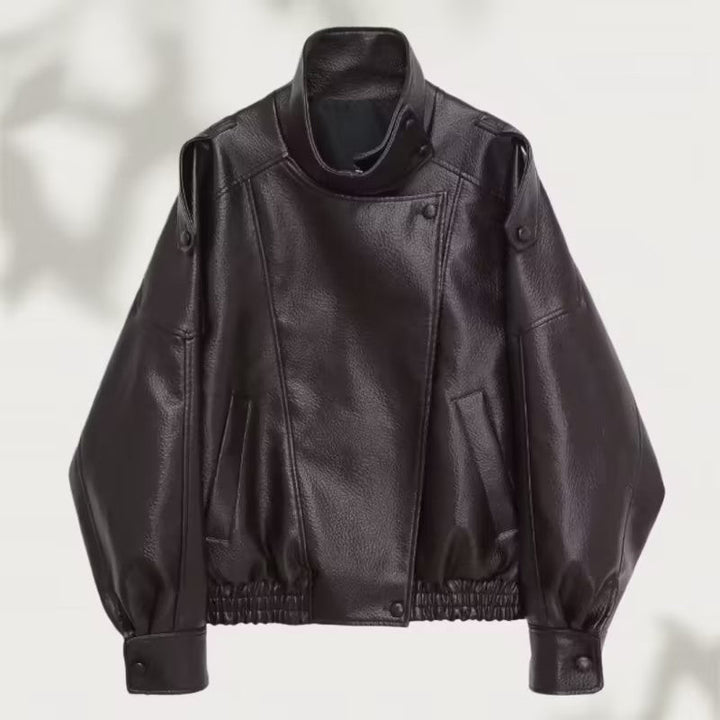 Dam Oversized Konstläder Biker Jacka med Asymmetric Lapel, Ståkrage, och Midjedragsko