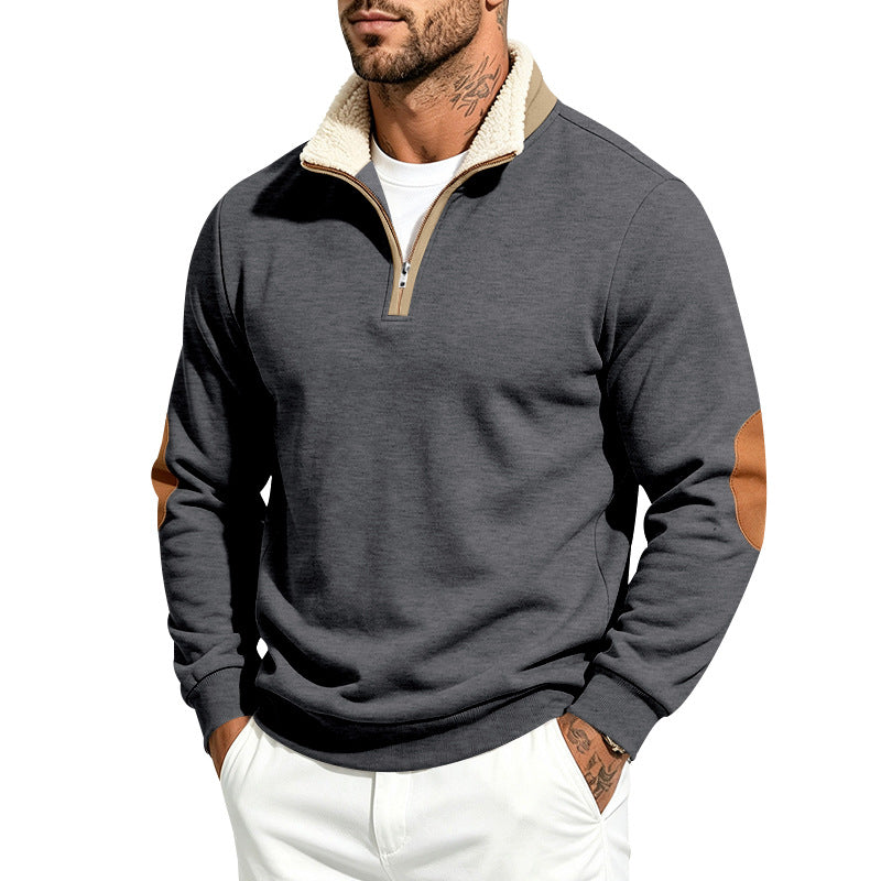 Herr Troyer Halv Dragkedja Pullover med Teddy Fleece Foder, Konstläder Elbow Lappar och Ståkrage