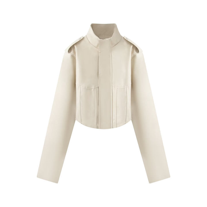 Dam Kort Jacka i Läderlook med Corset Seam och Stå Krage