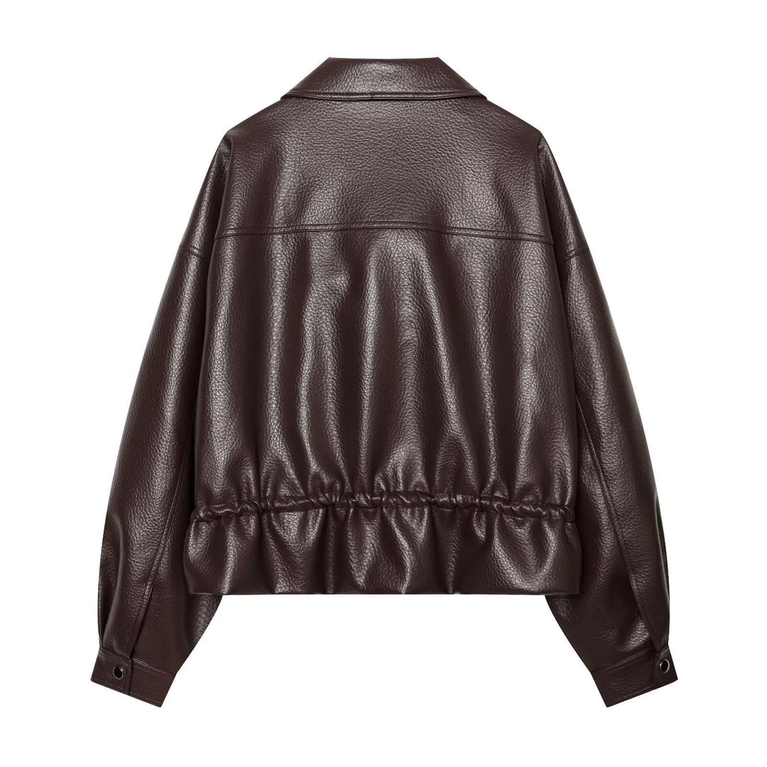 Dam Kort Jacka Tillverkad av Embossed Artificial Läder med Drawstring Waist och Lock Fickor