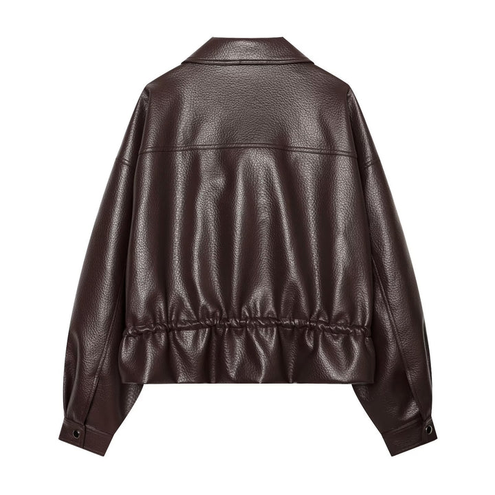 Dam Kort Jacka Tillverkad av Embossed Artificial Läder med Drawstring Waist och Lock Fickor