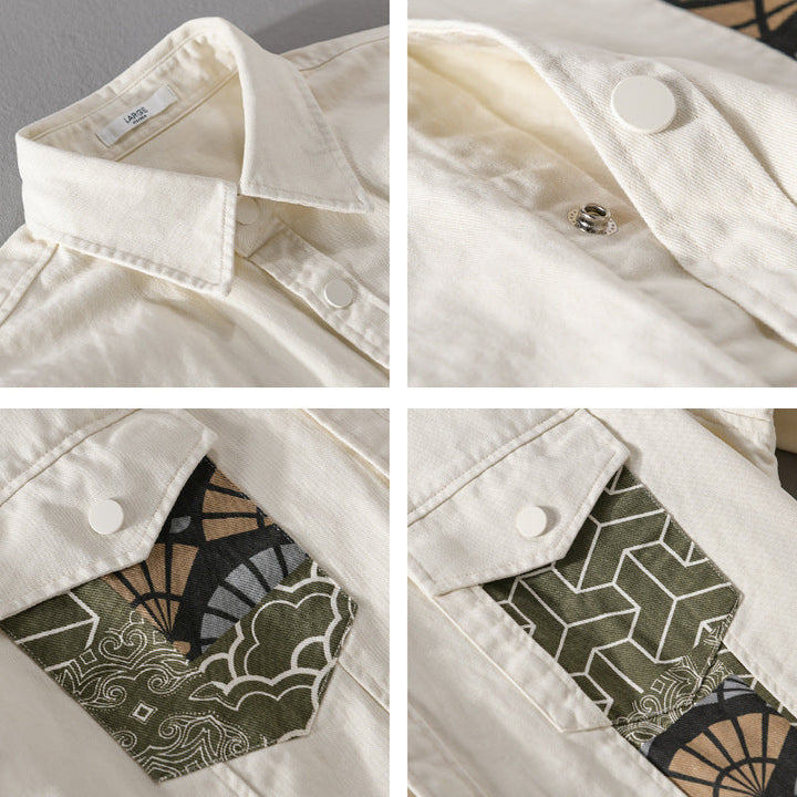 Herr Lätt Canvas Overshirt i Worker Stil med Japanese Mönster Utanpå och Tryckknapp Knapp Slå