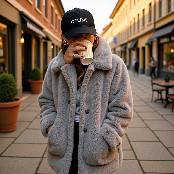 Dam oversize Faux Fur kappa med slagkrage, utanpåfickor och knappslå