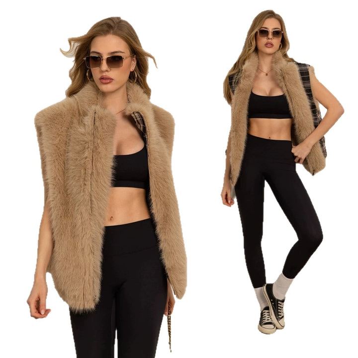 Dam Fluffy Faux Fur väst med Voluminous sjalkrage och dragkedja