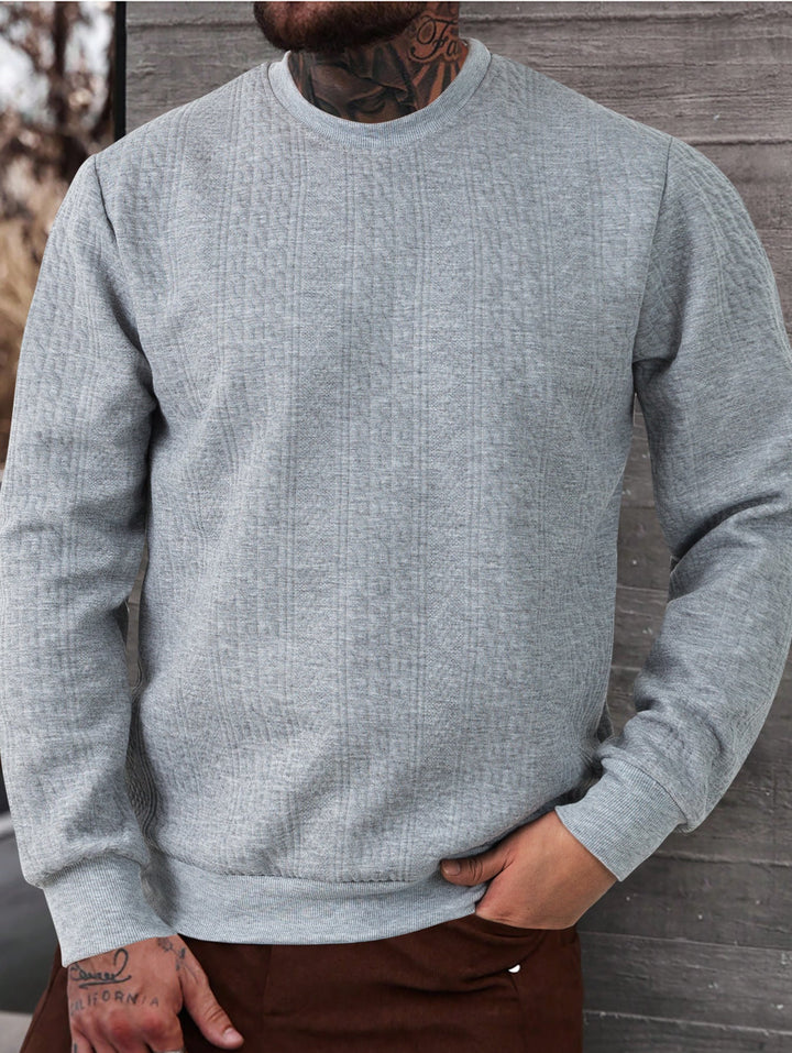 Herr Textured Round Neck College-Tröja med Fin Waffle Structure och Ribbstickade Muddar