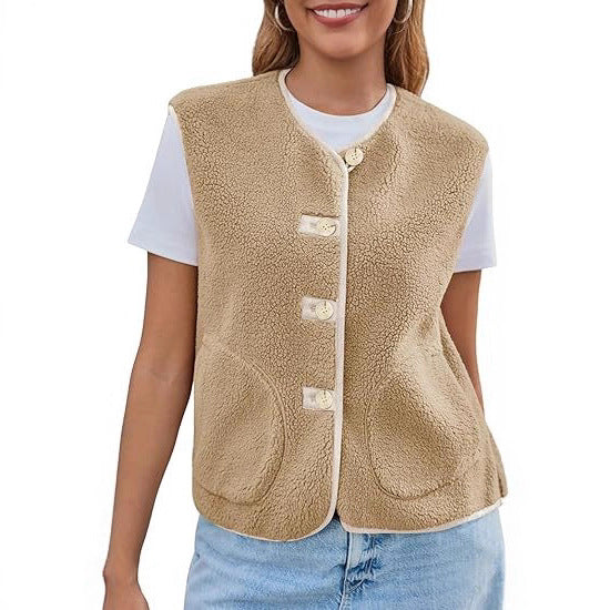 Dam teddy fleece väst med Round Neckline och knapp stängning