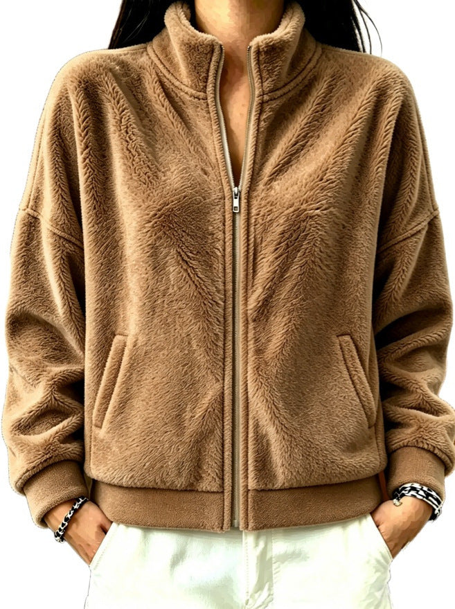 Dam Mjuk Fleece Kort Jacka med Ståkrage, Insert Fickor och Oversized Axel