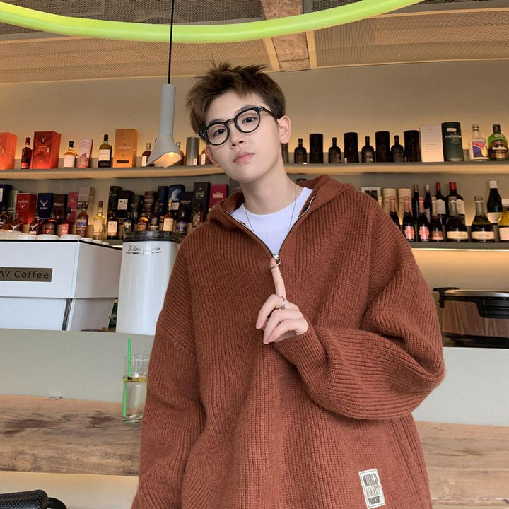 Herr Chunky Stickad Pullover med Huva och Dragkedja