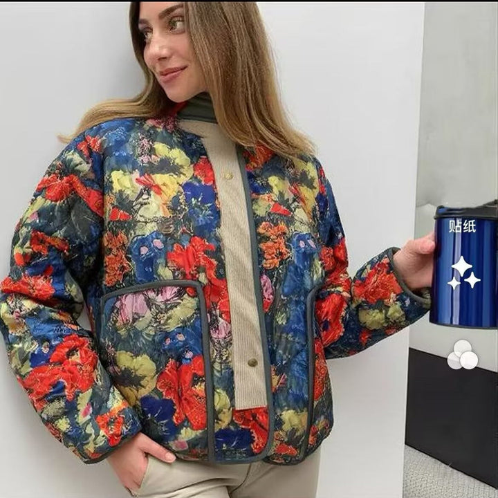 Dam kviltad övergångsjacka med blommig Allover mönster och Stand krage