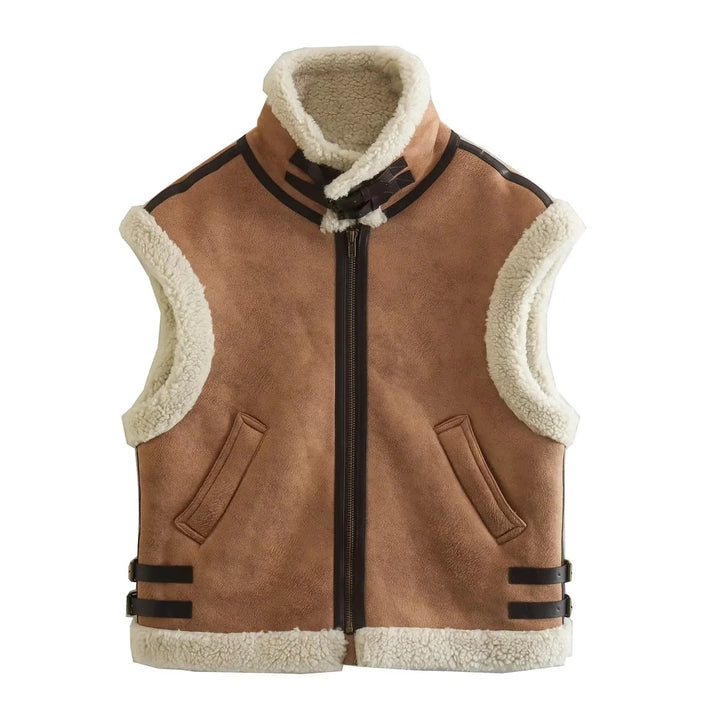Dam Sleeveless Lambskin Look Väst med Stå Krage, Dragkedja och Buckle Details