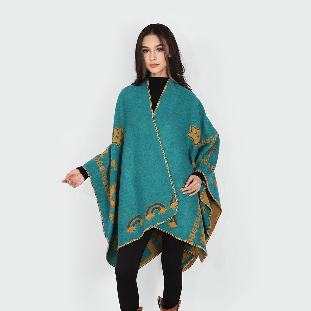 Dam Oversize poncho med Jacquard Animal mönster och Asymmetrical Pointed fåll