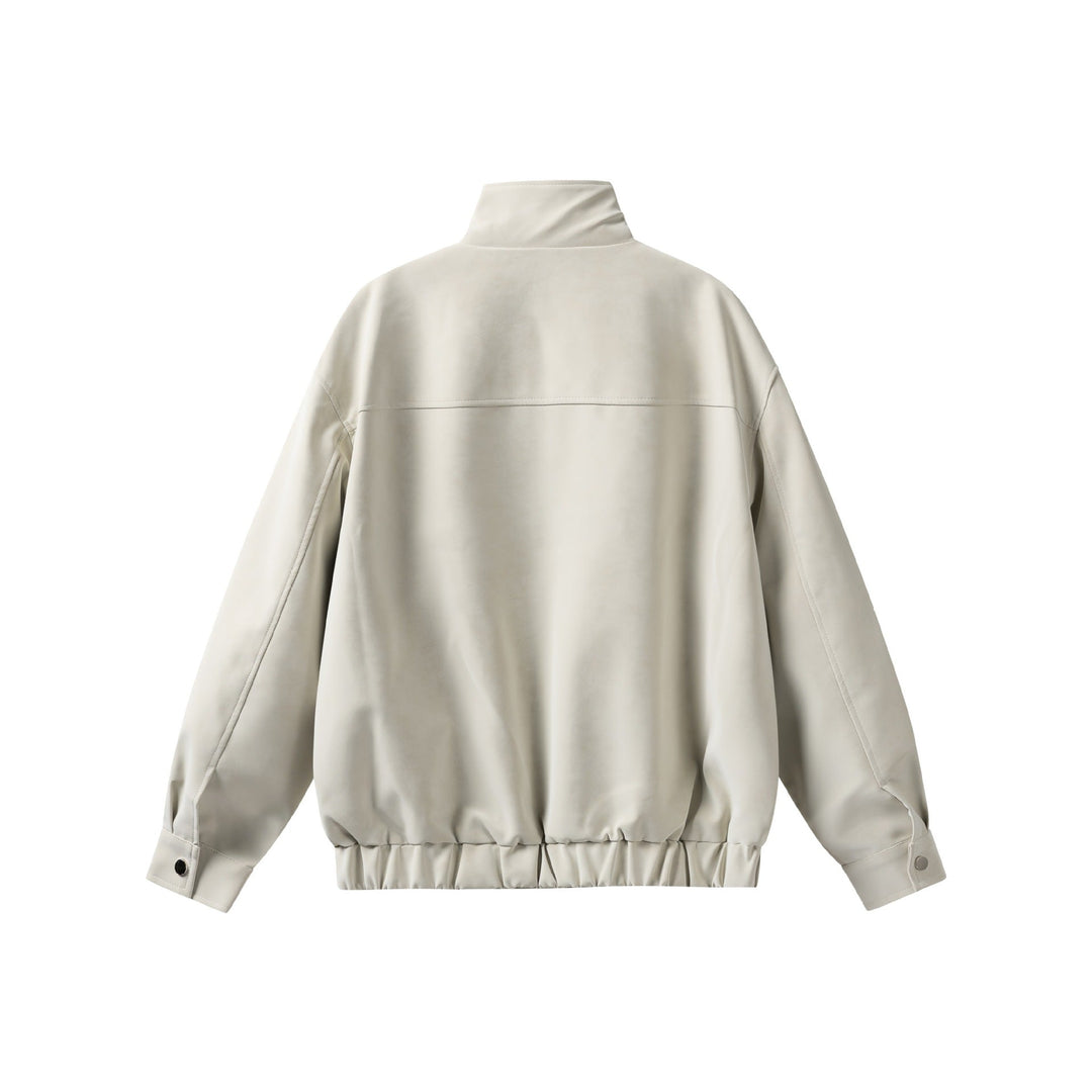 Dam Kort Jacka i Läder Look med Hög Ståkrage, Dragkedja Fickor och Elastic Fåll