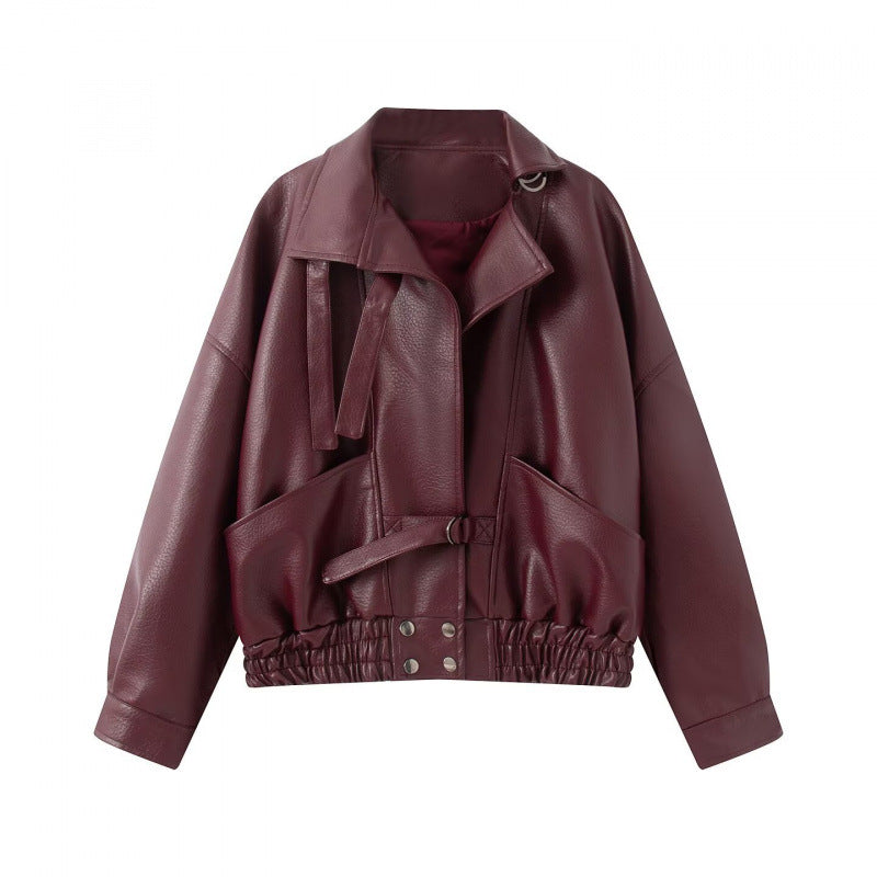 Dam 10+ Tailored Kort Faux Läder Blouson med Belt, Elastic Nederkant, och Lock Fickor