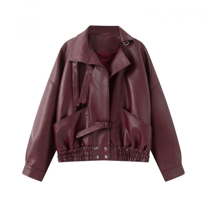 Dam 10+ Tailored Kort Faux Läder Blouson med Belt, Elastic Nederkant, och Lock Fickor