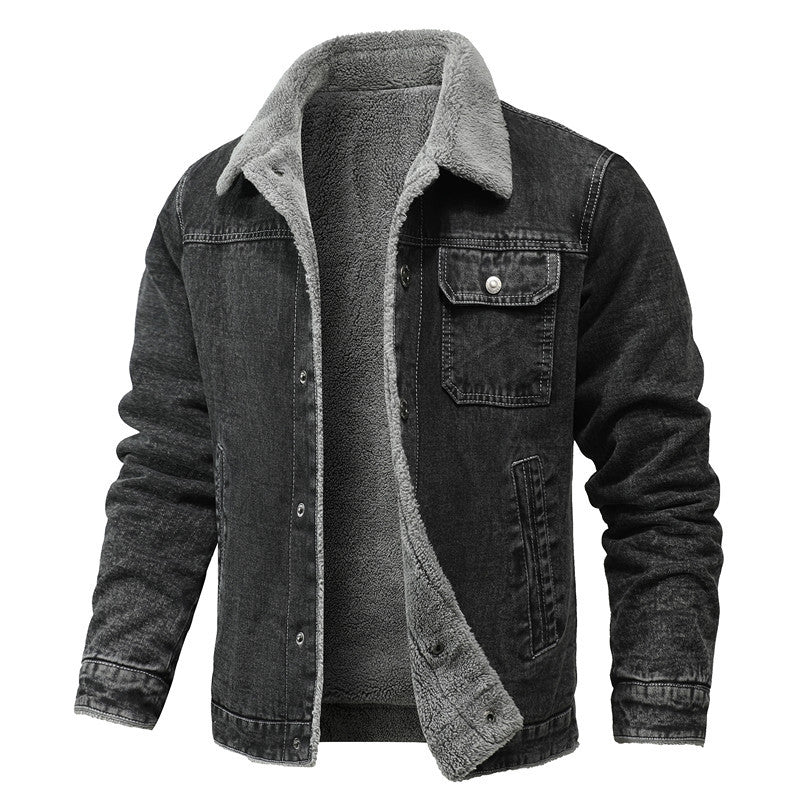Herr Sherpa-lined denimjacka med teddyfoder och bröstficka