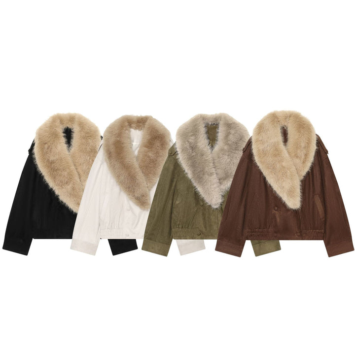 Dam Kort Velvet Jacka med Voluminous Faux Fur Shawl Krage