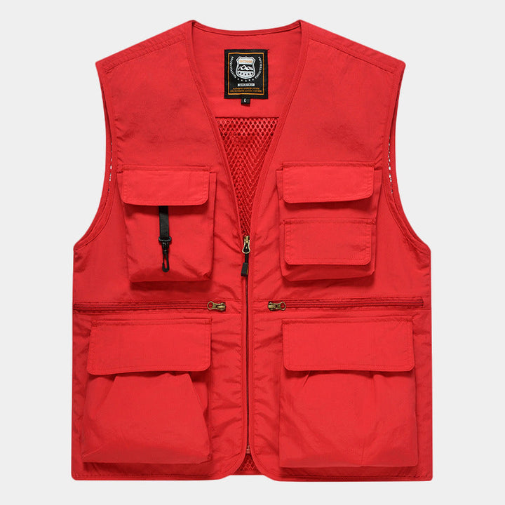 Herr Multi-Pocket Fishing Väst Tillverkad av Canvas med Mesh Ventilation och Dragkedja