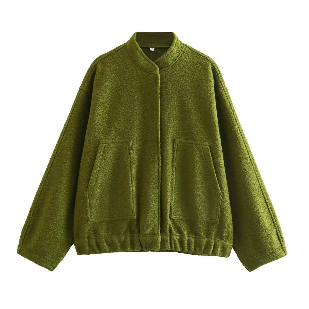 Dam boxy ullblandning blouson med ståkrage, concealed front placket, sidofickor och elastisk fåll