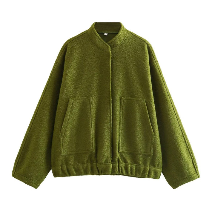 Dam boxy ullblandning blouson med ståkrage, concealed front placket, sidofickor och elastisk fåll
