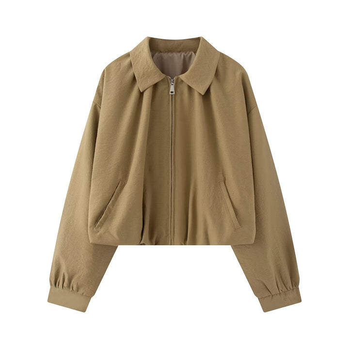 Dam Kort Boxig Jacka i Oversize Look med Skjort Krage, Dragkedja och Elastic Muddar