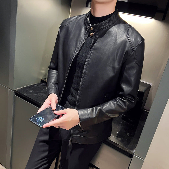 Herr Smal Konstläder Blouson Motorcycle-Inspired Design med Short Stående Krage och Dold Dragkedja