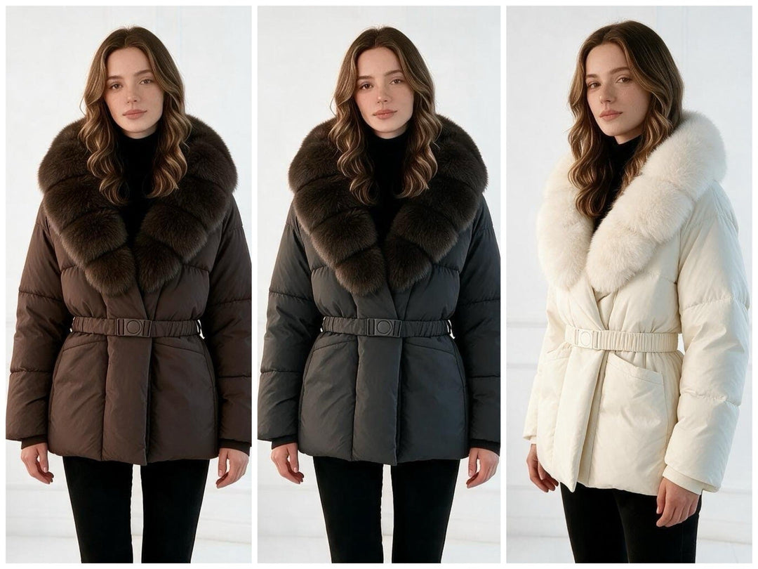 Dam skräddad kviltad jacka med oversize faux fur krage, figurnära bälte, och warming värmeisolering