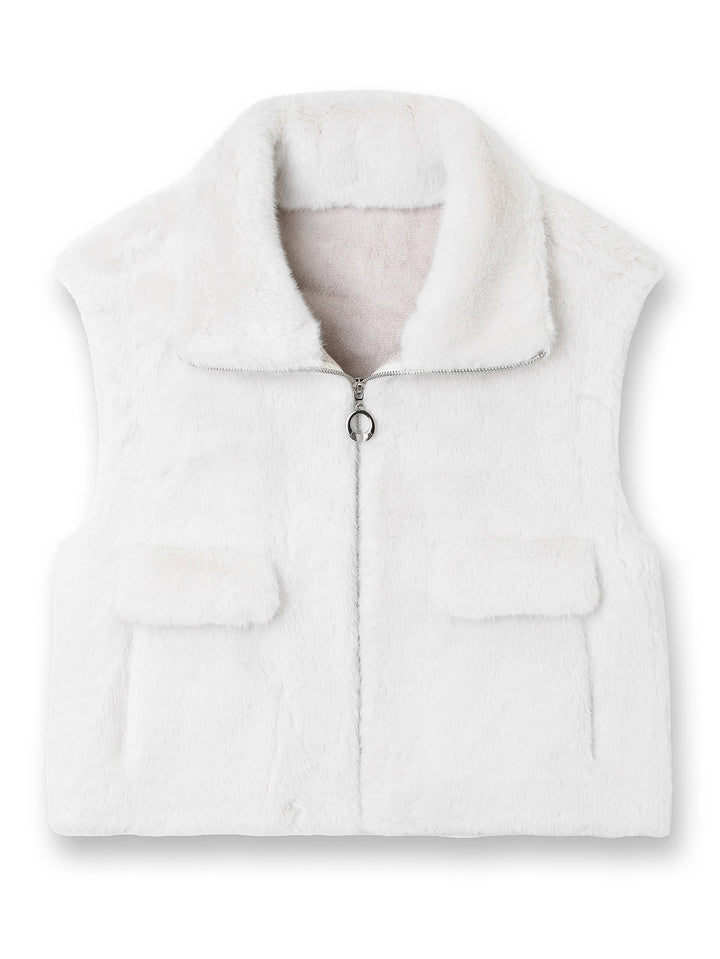Dam ärmlös Faux Fur väst med ståkrage, dragkedja och Flap fickor