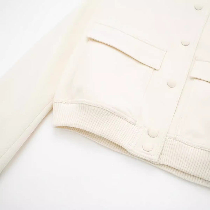 Dam Kort Boxig Blouson Jacka med Dold Tryckknapp Knappar, Lock Fickor och Ribbed Nederkant