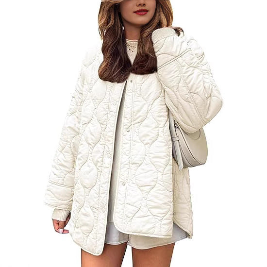 Dam kviltad oversize kviltad jacka med snap knappslå och rounded fåll