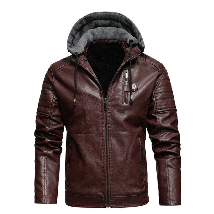 Herr Konstläder Hoodie Blouson med Teddyfoder, Quiltad Ärm Yoke och Huva Lager
