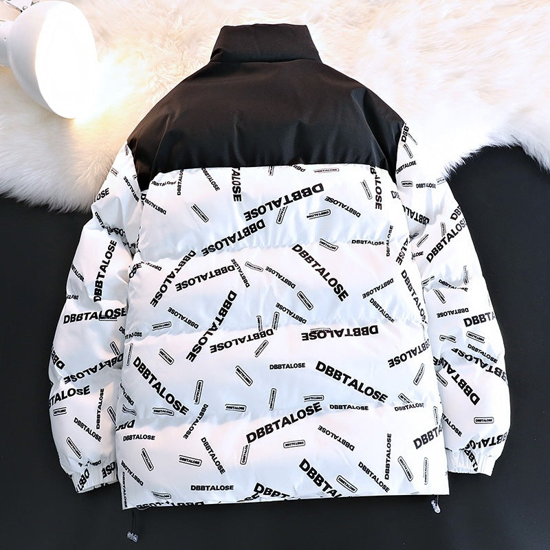 Unisex vadderad kviltad jacka med Allover Logo tryck, hög ståkrage &amp; justerbar fåll