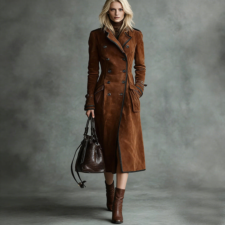 Dam längre skräddad trenchcoat in mocka look med Double-Breasted knappslå och Buckle muddar