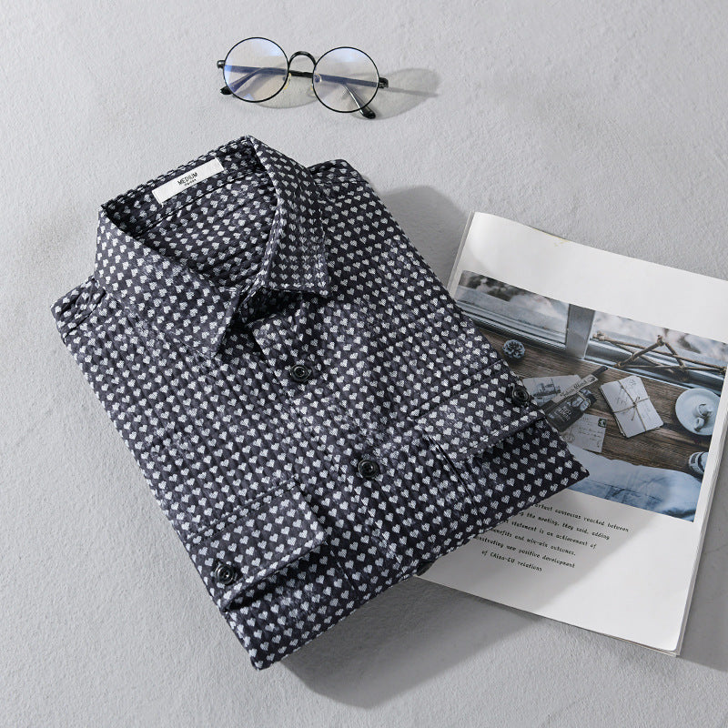 Herr Skjortjacka-Overshirt Tillverkad av Bomullsblandning med Mini Heart Heltäckande Tryck och Bröstfickor