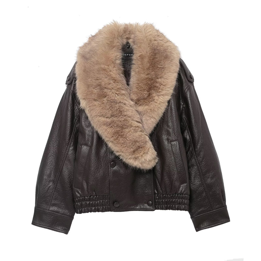 Dam kort läder jacka med voluminous Fur krage och midja Smock