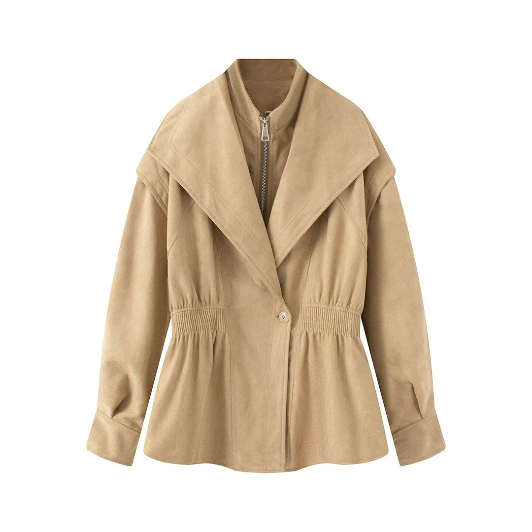 Dam Tailored Jacka i Suede Look med Stora Shawl Krage, Dragkedja och Gathered Waist
